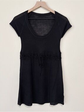 Y2K Black Open Knit Sheer Babydoll Mini Dress Tunic Top Wool Blend